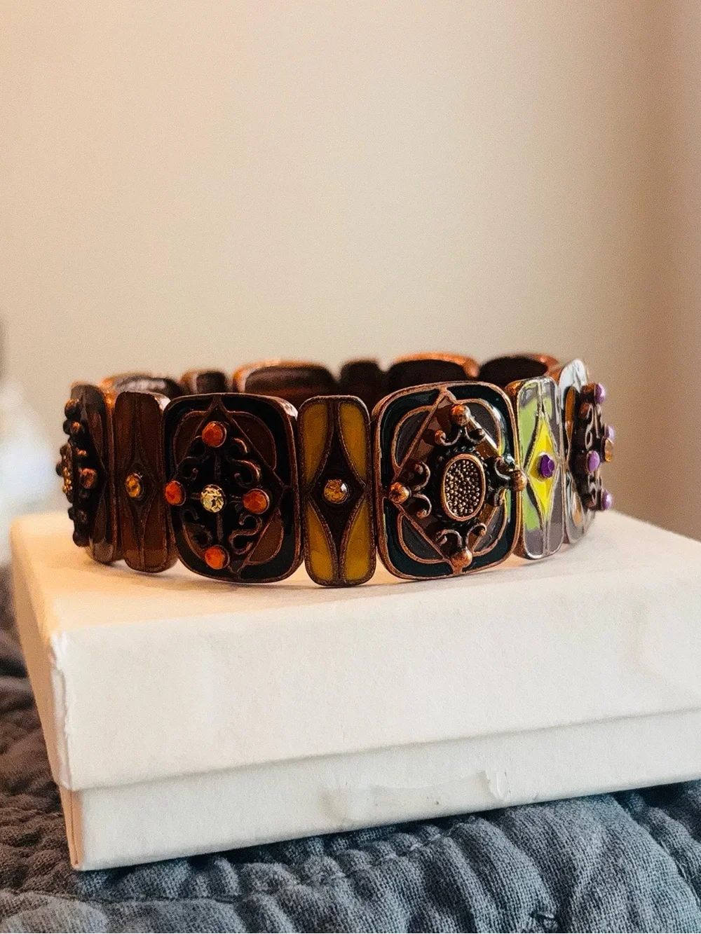 Vintage Boho Stretch Link Bracelet Copper Enamel Rhinestone Statement Cuff New